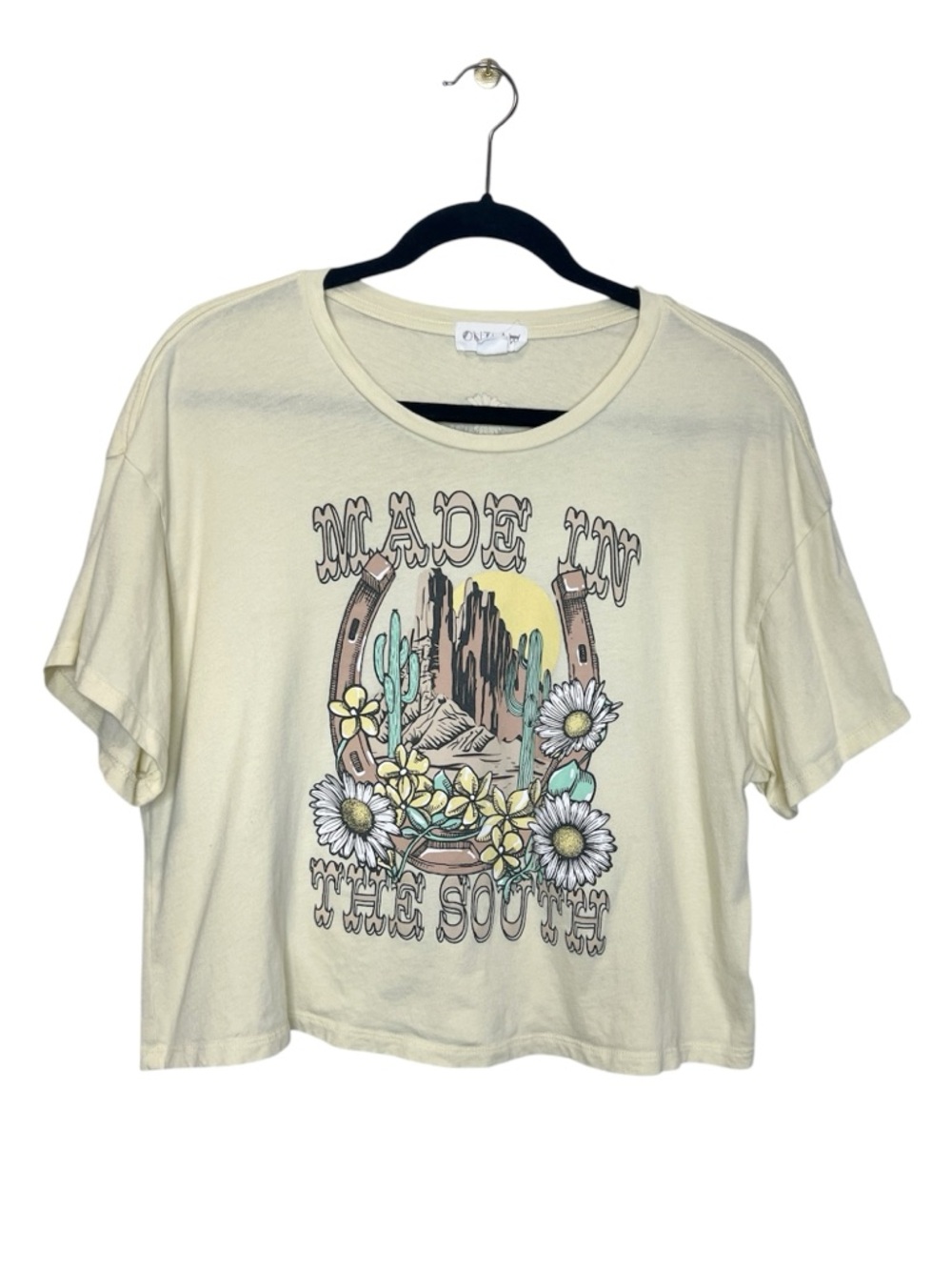 Made in the South Western Cowgirl Cute Cropped Horseshoe Cactus 100% Cotton Tee